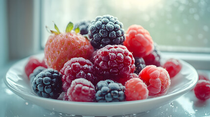 A close-up shot of a white plate filled with fresh, frozen berries.  Raspberries, blackberries, and a strawberry are glistening with frost, creating a visually appealing and appetizing image.