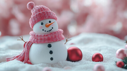 Obraz premium snowman as a 3D animated character in a futuristic Christmas ad campaign, adorned with a pink scarf and hat, surrounded by festive decorations, evoking a warm winter atmosphere.