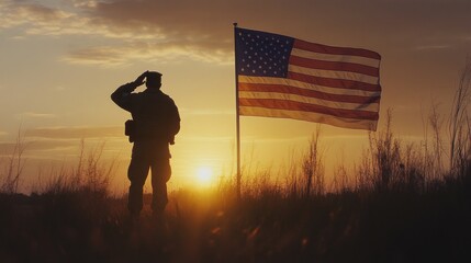 A silhouetted soldier saluting in front of an American flag at sunset, golden hues filling the sky