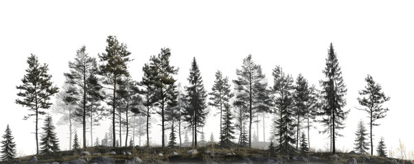 dark foggy forest landscape panorama view isolated on white or transparent png