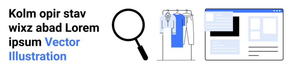 Magnifying glass next to clothing rack and digital interface with text. Ideal for e-commerce, online shopping, SEO, product search optimization, retail analysis, web design, marketing strategies
