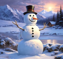 Obraz premium Illustration of winter landscape with funny snowoman.