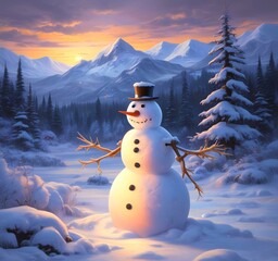 Obraz premium Illustration of winter landscape with funny snowoman.