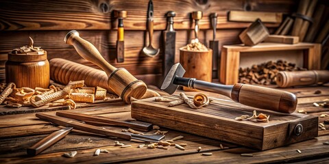 Captivating Fashion Photography Featuring Gouge Wood Chisel and Carpenter Hand Hammer Tools, Showcasing the Artistic Fusion of Craftsmanship and Style in a Unique Setting