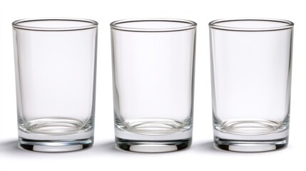 Three clear drinking glasses are arranged in a row, showcasing their minimalist design, Ideal for bar menus, restaurant promotions, or home dÃ©cor, they symbolize elegance and simplicity,
