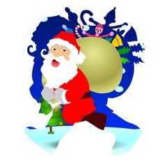 Santa Claus is joyfully depicted carrying a large sack filled with gifts against a festive background. Snowflakes and a small Christmas tree complete the cheerful holiday scene.