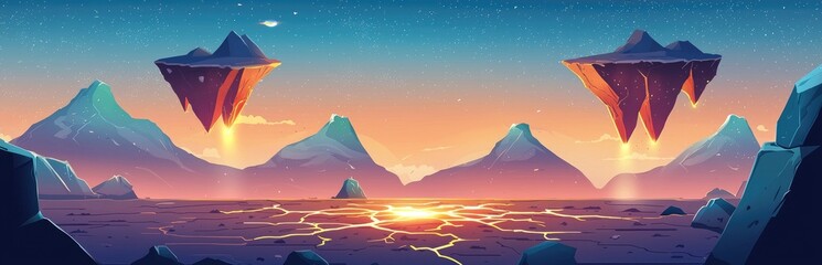 Two Floating Mountains Over a Desert Landscape with a Bright Sunset