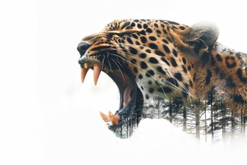 Obraz premium Roaring Leopard in Misty Forest Double Exposure