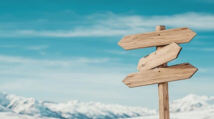 A rustic wooden signpost with multiple directional arrows against a serene mountain backdrop and blue sky, symbolizing adventure and exploration.