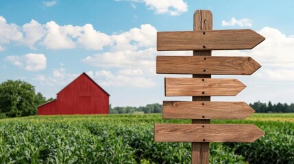 A rustic wooden signpost with multiple directions stands in a vibrant green field, with a charming red barn in the background under a blue sky.