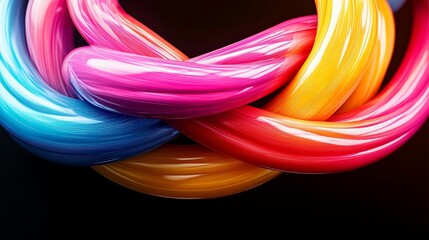 A colorful, twisted, and knotted piece of string. The colors are red, yellow, and blue