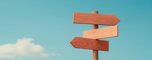 A weathered wooden signpost with multiple arrows pointing in different directions against a clear blue sky, inviting exploration and adventure.