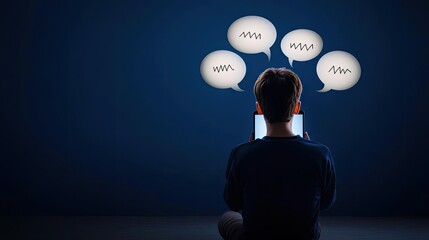 A young boy sits in the dark, focused on a tablet with speech bubbles above, symbolizing online communication and digital interaction.