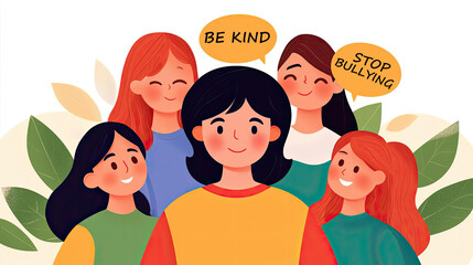 Illustration of diverse girls promoting kindness and anti-bullying messages in a cheerful and supportive environment, with greenery in the background.