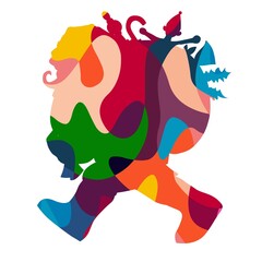 A colorful silhouette of a walking character is layered with vibrant, overlapping shapes in various hues. The dynamic arrangement of colors and forms creates a playful, abstract design.