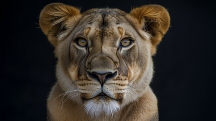close up of a  furious lioness head isolated on dark dramatic background 