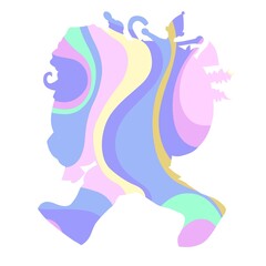 A whimsical silhouette of a character is composed of pastel colors, including pink, blue, green, and yellow. The stylized form features flowing, curvy lines that create an abstract effect.