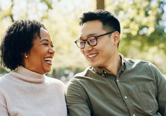 Fototapeta premium Happy couple laughing and enjoying each other's company in a park