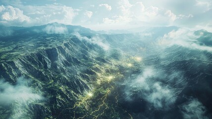 Aerial View of a Mountainous Landscape with Fog and Sunlight