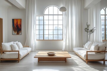 Fototapeta premium A living room with a sofa and windows and curtains. A living room with a combination of japandi and Scandinavian interiors. Generative AI 