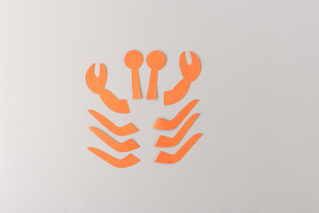 step in creative project, claws and legs made from orange paper, cut out details, top view, grey...