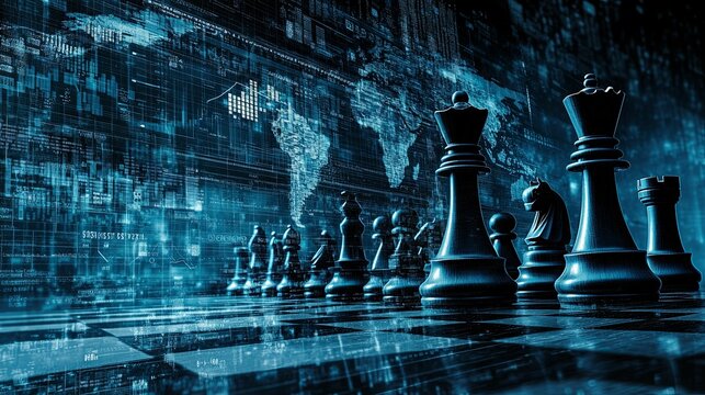 Fototapeta Chess Pieces Strategically Positioned Against Digital World Map