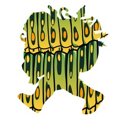 A silhouette of a character is overlaid with a colorful abstract pattern composed of green and yellow hues. The design includes vertical lines and oval shapes, creating a dynamic visual effect.