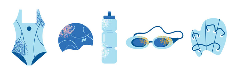 Collection of swimming equipment and accessories swimsuits, goggles, flippers, swim caps, water bottle, towel, and kickboard. Flat cartoon illustration with colorful design elements isolated © Olexandra Simkina