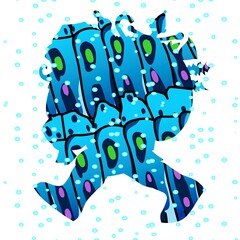 A silhouette of a walking character is filled with a pattern of vivid blue, green, and purple abstract shapes. Light blue dots surround the figure, adding a sense of motion and energy.