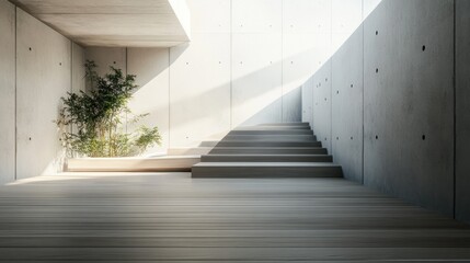 Obraz premium Concrete walls modern work office, wooden deck in a clean and bright environment.