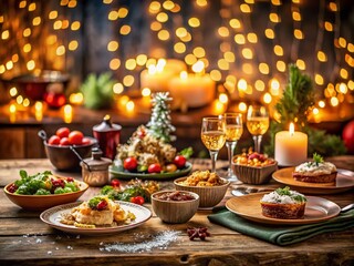 Fototapeta premium Captivating Food Photography with Bokeh Lights Creating a Festive Atmosphere Perfect for Holiday Celebrations and Culinary Delights in a Warm, Inviting Setting