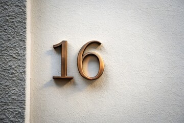 Minimalist Photograph of House Number Sixteen with Bronze '16' on a Clean Wall, Emphasizing Simplicity and Elegance in Modern Home Design