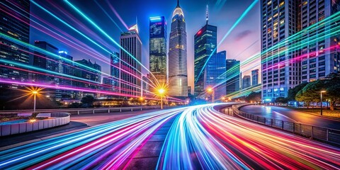 Obraz premium Captivating Futuristic Fiber Optic Light Streaks Illuminating a Dynamic Urban Landscape with a Vivid Color Palette and Abstract Patterns of Light in Motion