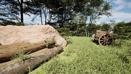 3D Realistic Render Rock And Wooden cart In Forest