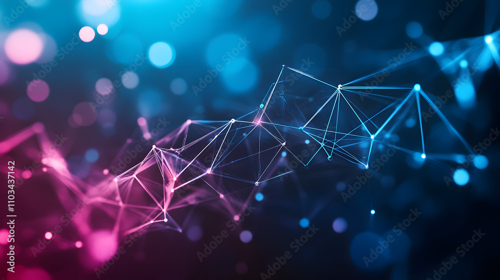 Poster abstract background with glowing pink and blue interconnected nodes and lines. represents network, t