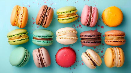 Sweet and colourful french macaroons on turquoise background with festive serpentine. Copy space.
