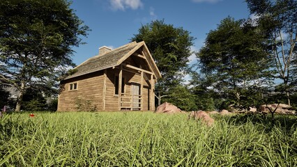 Obraz premium Rustic Wooden Cabin with Thatched Roof in Grassy Field
