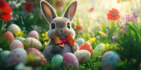 Cute Bunny in Easter Egg Garden
