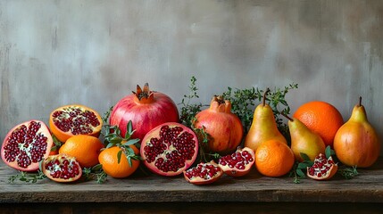 kompozycja martwa natura, owoce zimowe, granaty, pomarańcze, gruszki, rustykalny stół, kawałki owoców, liście, świeży tymianek, delikatne oświetlenie boczne, naturalne tekstury, intensywne kolory, tło