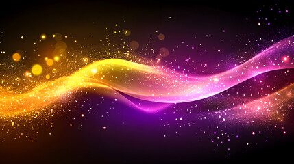 Fototapeta premium Abstract background with vibrant gold and purple waves, glittering particles and bokeh lights. Perfect for festive designs, celebrations, or technology themes.