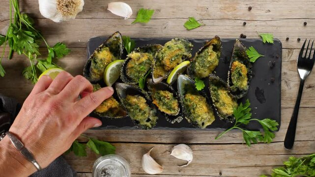 woman's hand is taking a mussel with butter and parsley. Festive French food