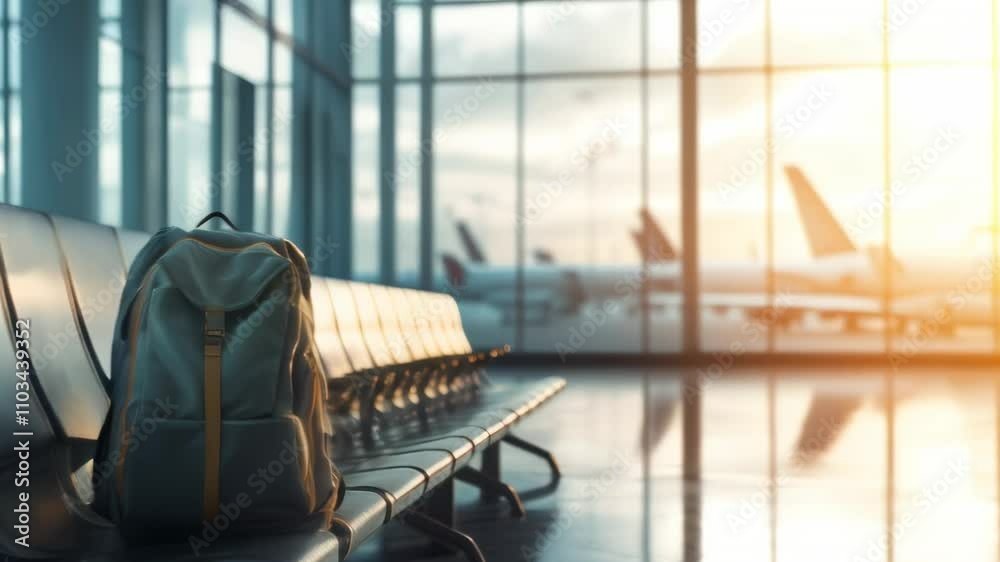 Aufkleber backpack sits on empty seats in airport terminal at sunset, with blurred airplanes visible through l