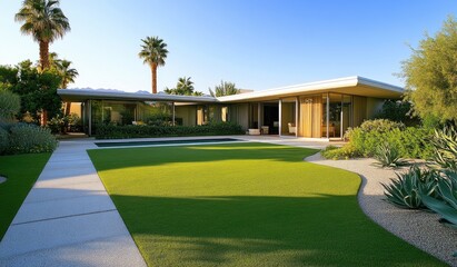 Modern house with green grass and landscaping in Arizona, concrete material facade, sliding glass doors, flat roof structure