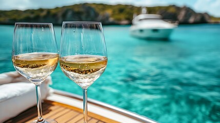 Obraz premium A romantic toast with crystal glasses of white wine, the yacht anchored near a tropical island, turquoise water in the background,