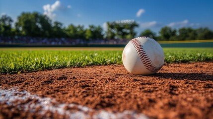 A white leather baseball sits on the mound, amidst a vibrant field and cheering crowd, evoking nostalgia.