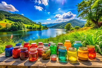 Captivating Landscape Featuring Colorful Plastic Jars Amidst a Scenic Backdrop for Text Placement and Visual Appeal, Perfect for Eco-Friendly and Creative Projects