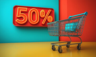 Empty shopping cart on color background.