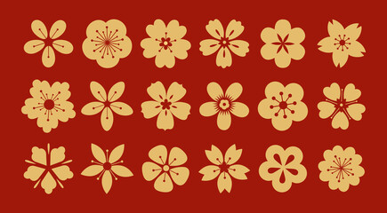 Set of chinese traditional flowers. Flat vector illustration.