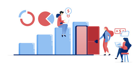 vector illustration of People unlock career and financial success by visualizing growth and opportunities, represented by a growing bar chart that symbolizes open doors to achievement