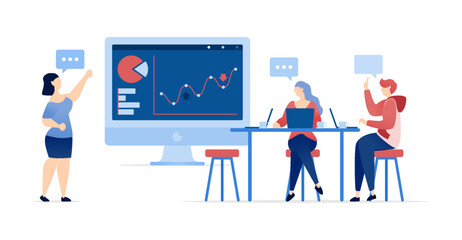 vector illustration of Business Meeting Discussion on Desk with People Analyzing Company or Corporate Graphs to Plan Company Strategies, Plans, and Drive Corporate Success